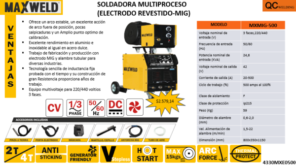 SOLDADORA MULTIPROCESO MXMIG-500 (ELECTRODO REVESTIDO-MIG) - Image 2